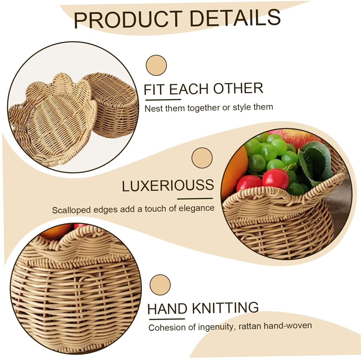 Wicker Basket with Lid, 2-Piece Handwoven Scalloped Rattan Fruit and Candy Storage