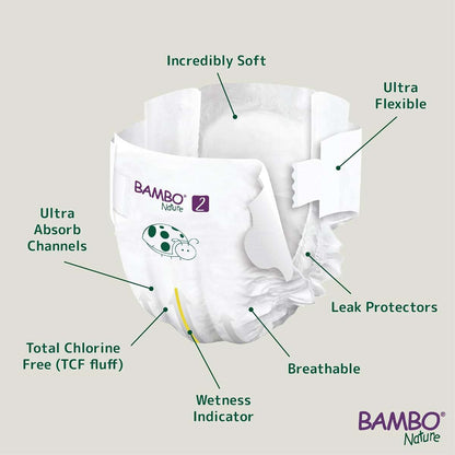 Bambo Nature Baby Diapers, Size 2, 180 Count, Super Absorbent with Wetness Indicator
