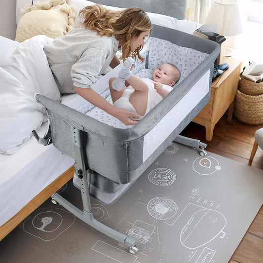 toxaaiwr 3-in-1 Bedside Crib for Baby, Adjustable Height Bassinet with Wheels, Storage Basket and Mosquito Net, Grey