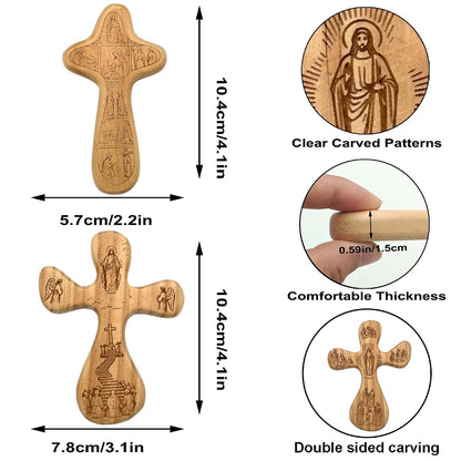 Goodangie00 Handmade Wood Cross Fidget 2-Pack, Double-Sided Carved Jesus Pocket Prayer Cross, 4.1 x 3 Inch