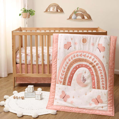 The Peanutshell 3 Piece Baby Crib Bedding Set for Girls, Boho Rainbow with Fitted Sheet, Quilt and Bed Skirt