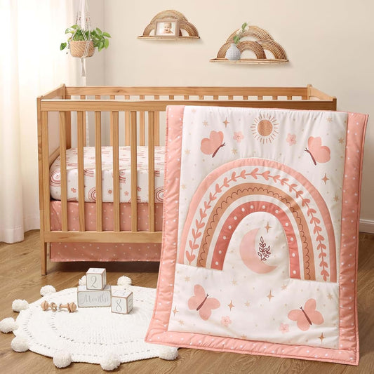 The Peanutshell 3 Piece Baby Crib Bedding Set for Girls, Boho Rainbow with Fitted Sheet, Quilt and Bed Skirt