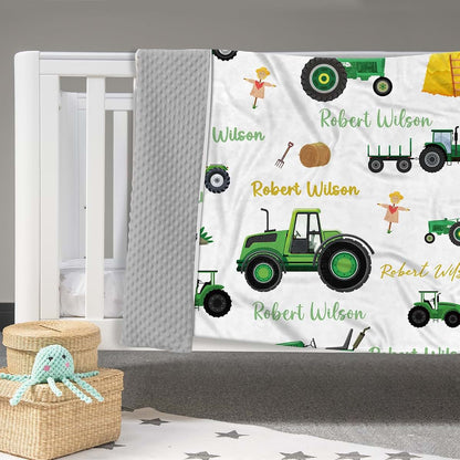 Kryvoxc Personalized Baby Blankets with Name, Green Excavator Double Layer Receiving Swaddle Blanket with Dotted (photo 2)