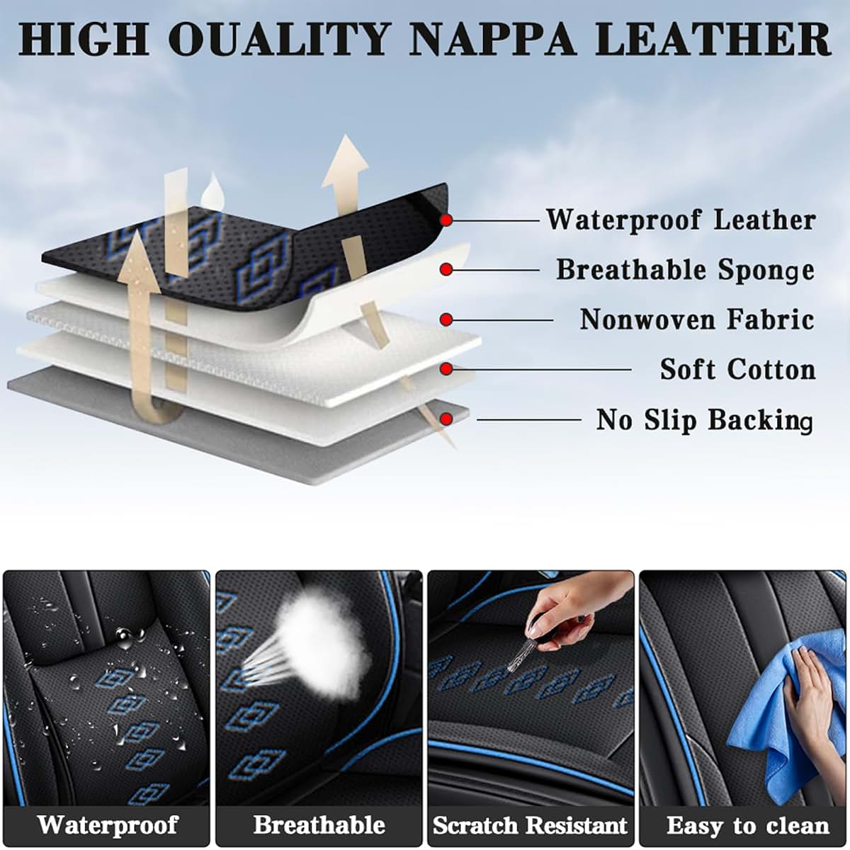 Cscevt Leather Seat Covers for Mazda CX90 2024 2025, Front Set with Lumbar Pillows, Black+Blue
