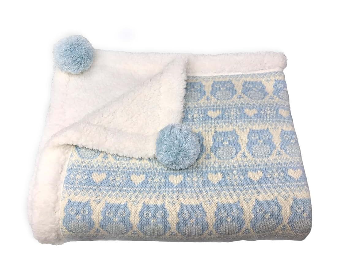 effe bebe Snow Owl Cotton Knit Sherpa Baby Blanket 30”x40” (Light Blue)