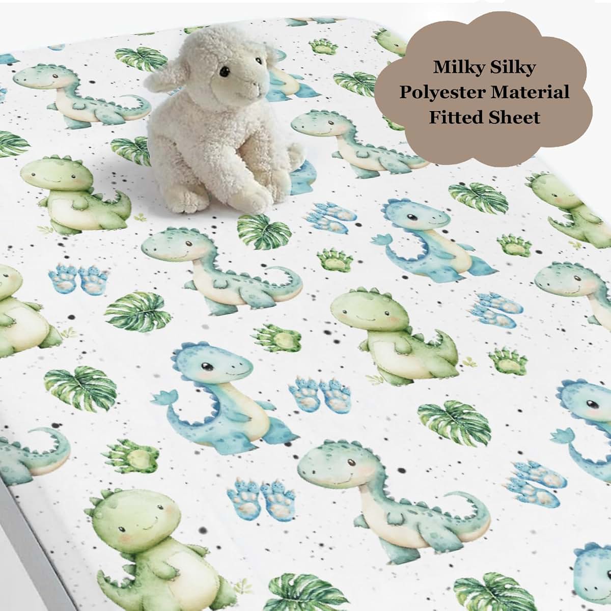 Wicbfdfv Cute Jungle Dinosaurs Fitted Baby Crib Sheet for Boys Girls 52x28Inch Blue Green Dinosaur Tropical Leaves Paws (photo 3)
