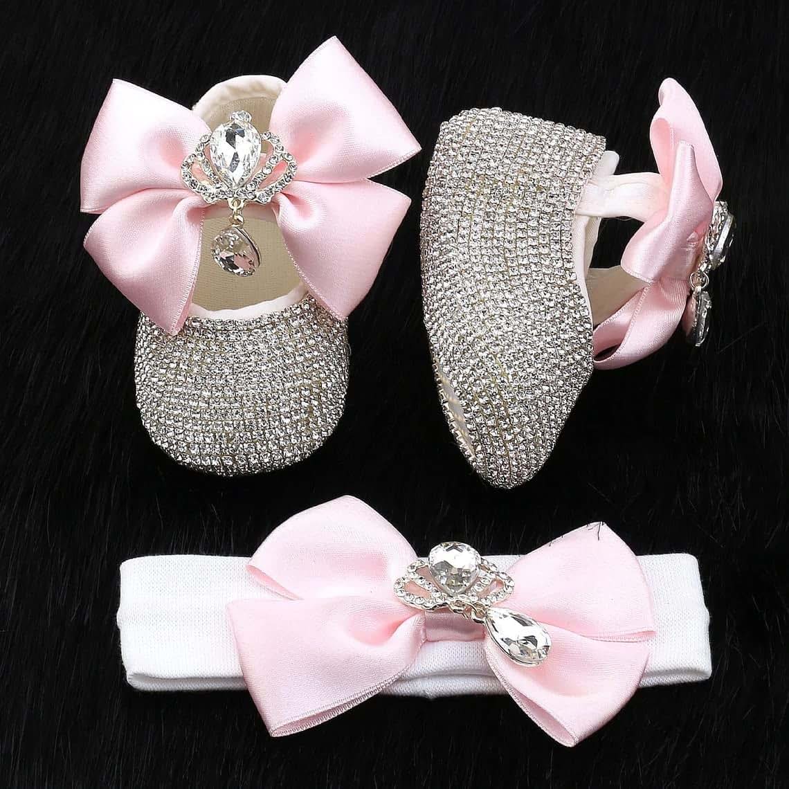 Oren Turkey Bling Rhinestone New Born Baby Girl Shoes and Headband, Luxury Baby Gift Set Cream (photo 4)