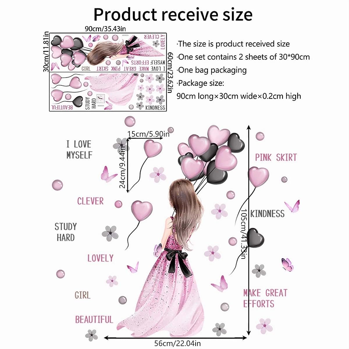 Sacinora Pink And Black Heart Balloon Wall Decals For Nursery