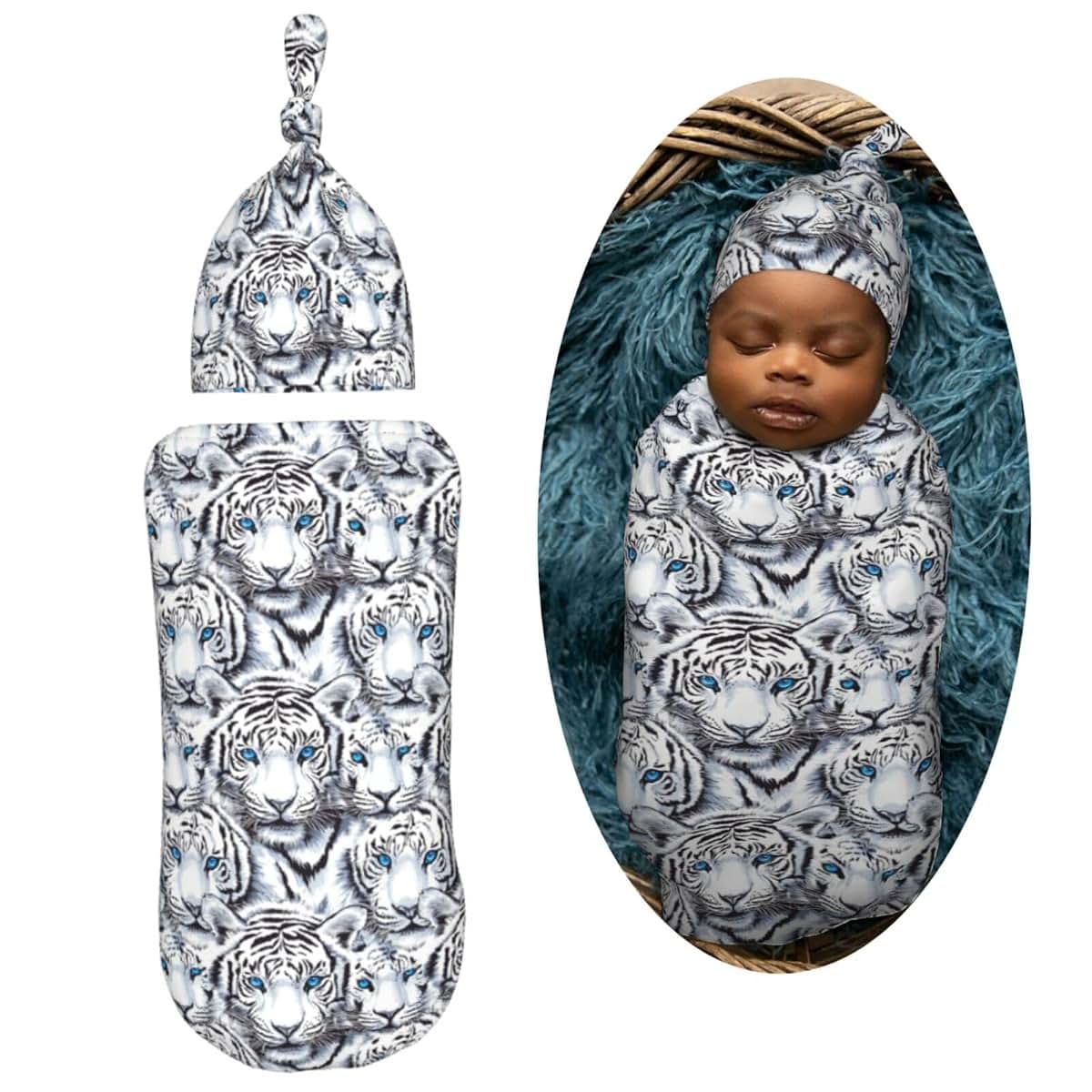 Muishi Tigers With Blue Eyes Newborn Swaddle Blanket and Hat Set, Soft Polyester Receiving Wrap for 0-6 Months