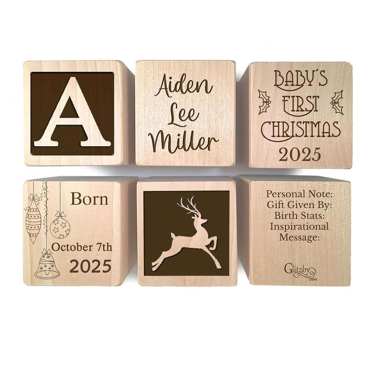 Glitzby Baby’s First Christmas Ornament 2026 – Personalized Wooden Keepsake Block with Name & Year – Custom Engraved (photo 3)