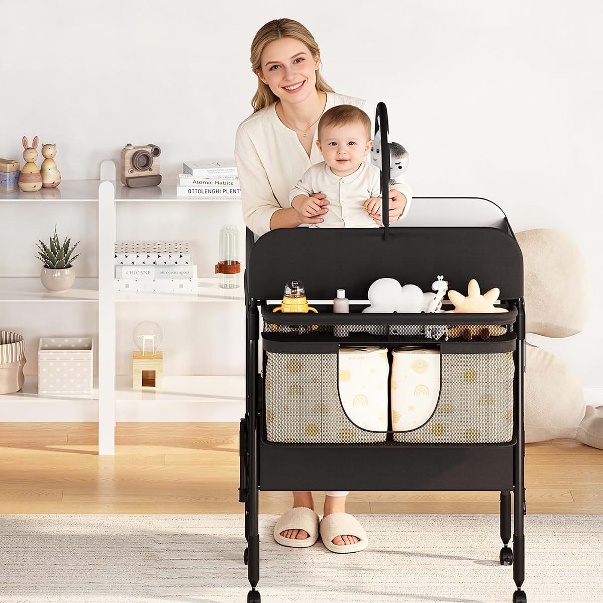 Jojoka Portable Baby Changing Table with Drawers and Wheels - Collapsible Diaper Changing Station - Adjustable Height (photo 2)