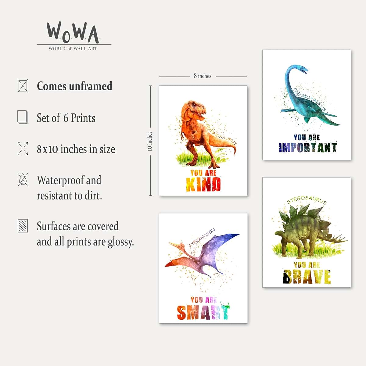 W.O.W.A World Of Wall Art Dinosaur Prints Set, 8x10 Inch Unframed