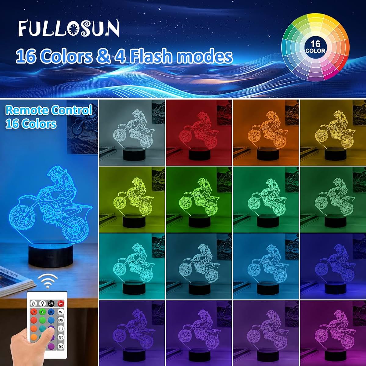 FULLOSUN Motocross 3D Night Light for Kids with Remote Control