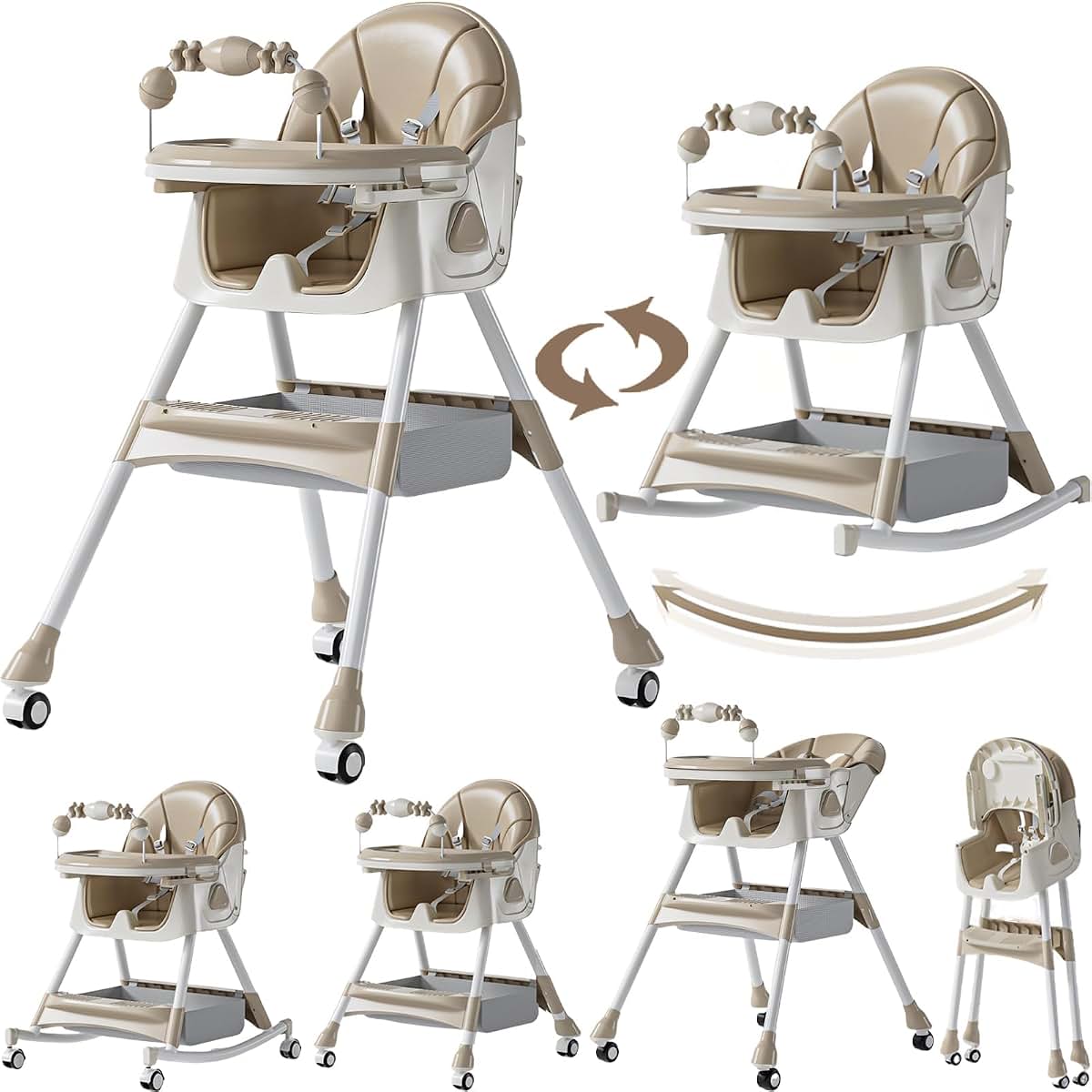 Magic ZC PU Leather Baby High Chair with Rocking Mode, High Chair for Babies and Toddlers, Detachable Dining Plate