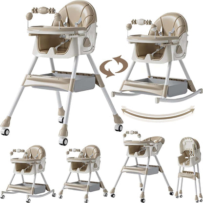 Magic ZC PU Leather Baby High Chair with Rocking Mode, High Chair for Babies and Toddlers, Detachable Dining Plate