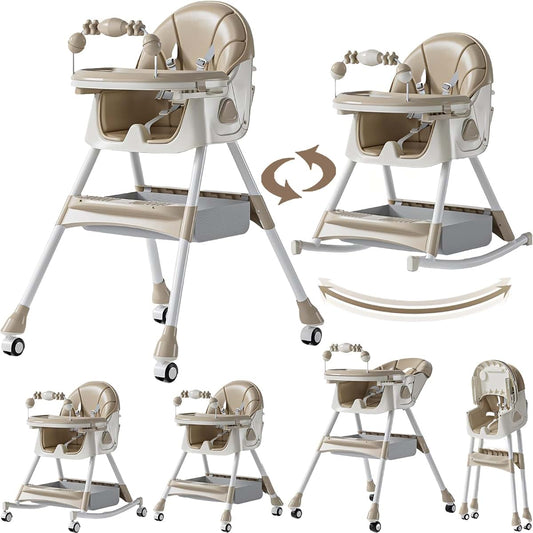 Magic ZC PU Leather Baby High Chair with Rocking Mode, High Chair for Babies and Toddlers, Detachable Dining Plate