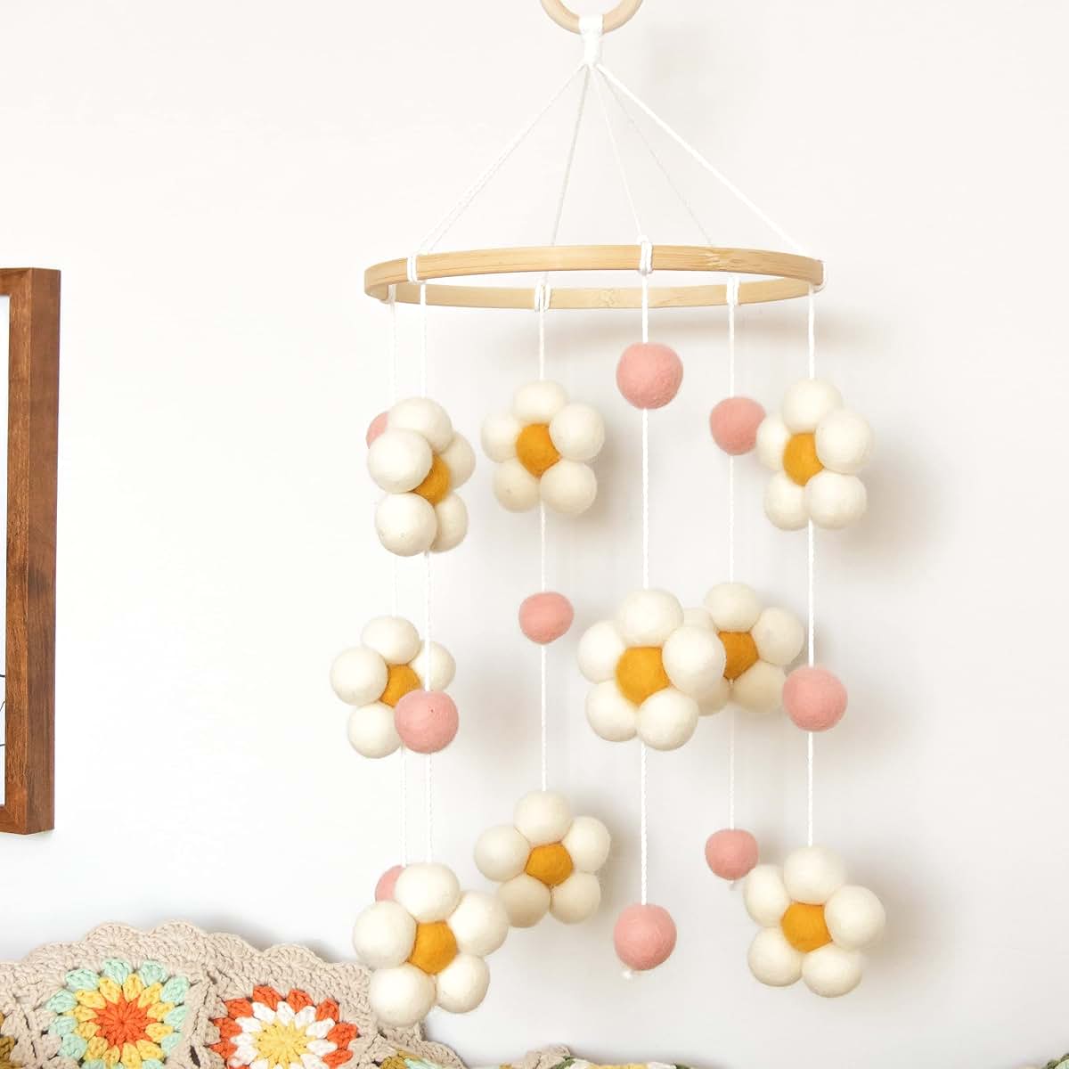 Goukurlsma Daisy Mobile For Crib With Pink Felt Flowers
