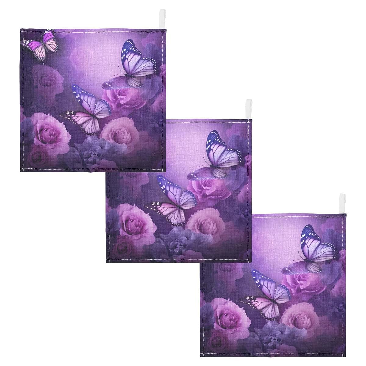 Purple Flowers and Butterfly Cotton Washcloths for Newborn Bath Time