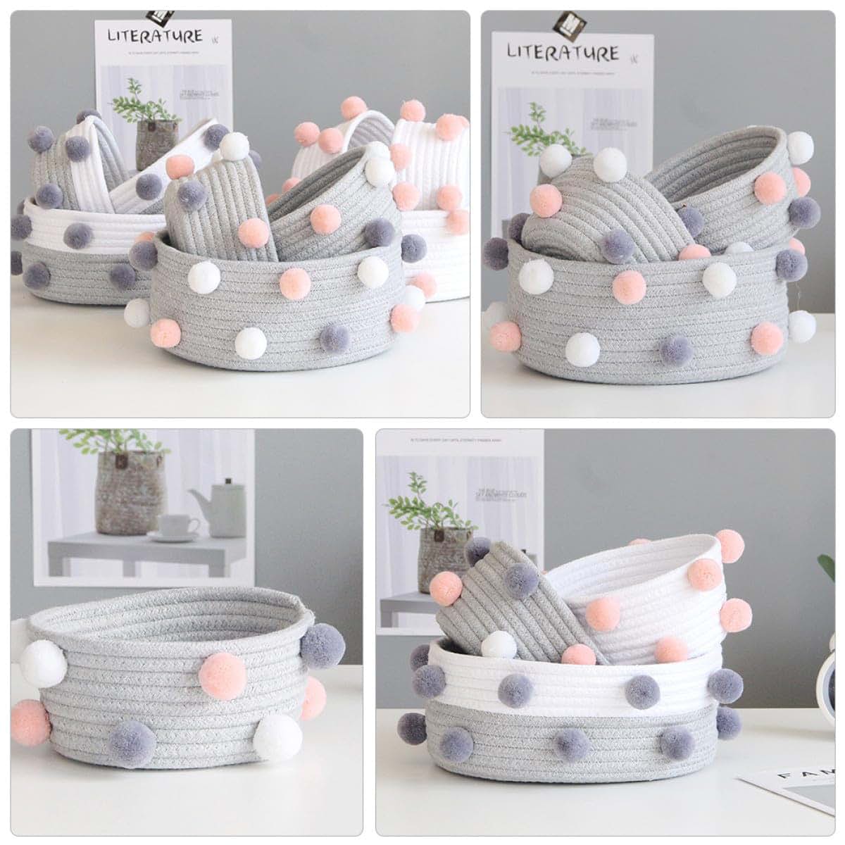 Cabilock 2 Pcs Cotton Rope Woven Storage Baskets with Handles, Grey