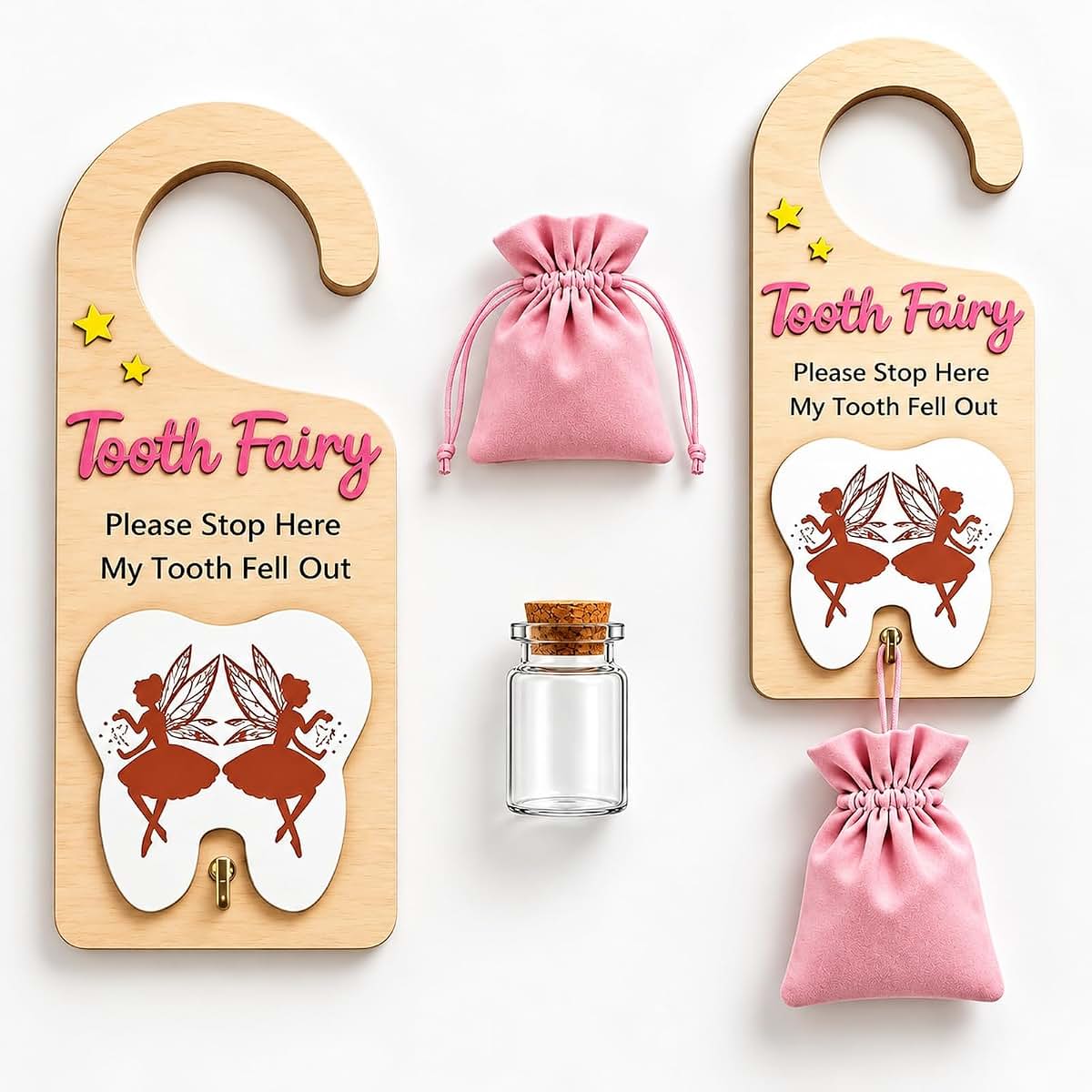 JDAWFWFJ 3-Piece Tooth Fairy Door Hanger Set With Pouch & Jar