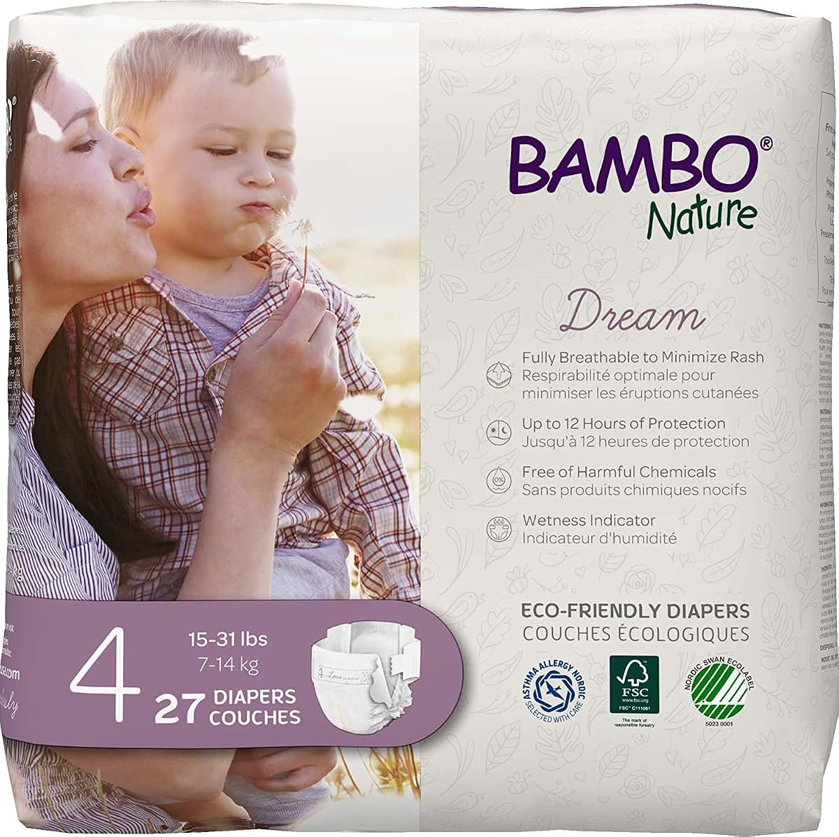 BAMBO NATURE Dream Baby Diapers Size 4, 27 Count Disposable for Toddlers 15-31 lbs