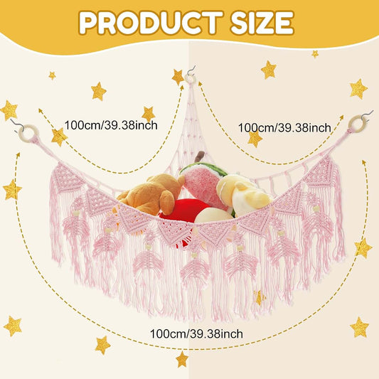 Stuffed Animal Hammock Corner Organizer, Cotton Rope Mesh Net for Nursery, 39.4in Pink