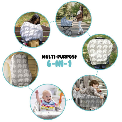 MoM-me Nursing Cover Multi Use Grey White Elephant Design for Baby and Stroller