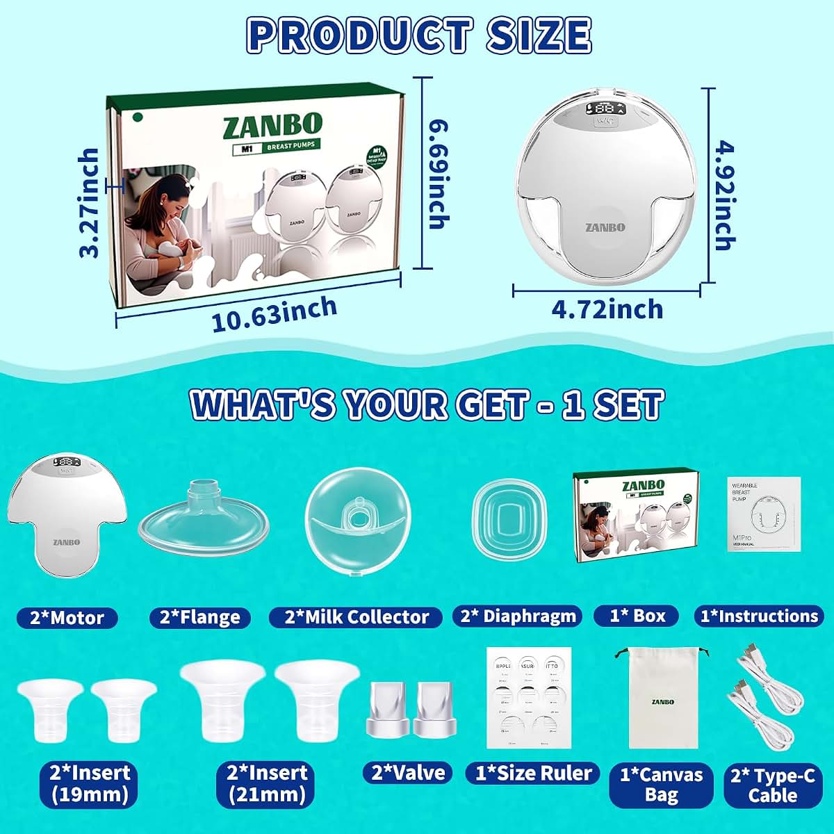 ZANBO Wearable Electric Breast Pump 2‑Pack Hands‑Free,19/21mm Flange, White (photo 4)
