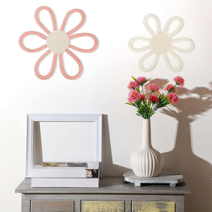 Gerrii Boho Daisy Flower Woven Macrame Wall Hanging, 2 Pcs Pink and White Nursery Decor