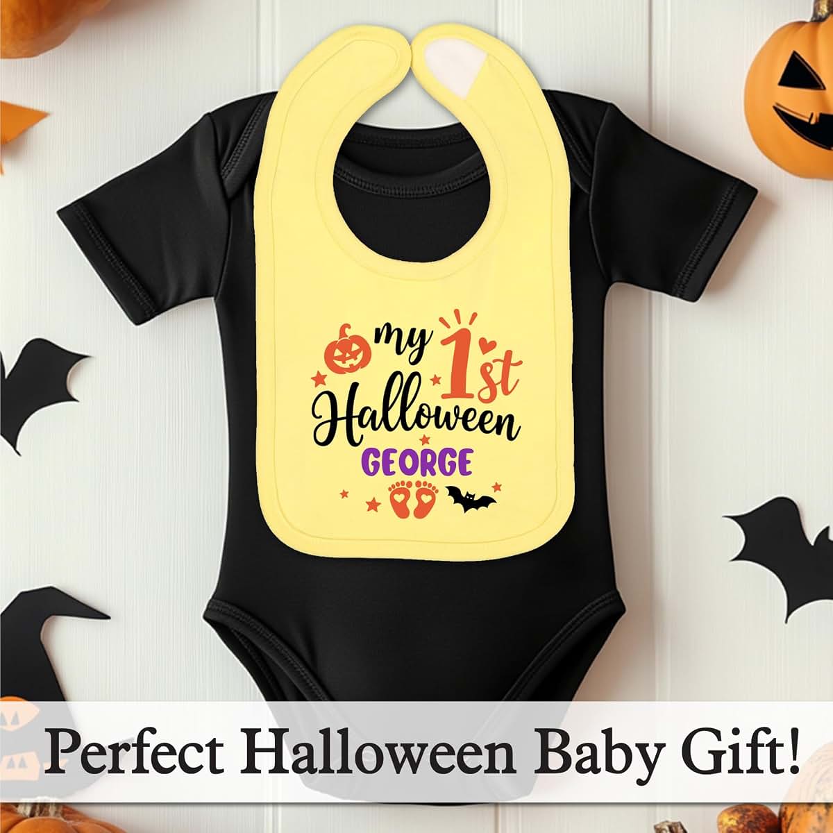 Smiling Jindo Personalized My 1st Halloween Baby Bib – Custom Name Bib – Pumpkin Footprint Design – Newborn Gift (photo 4)