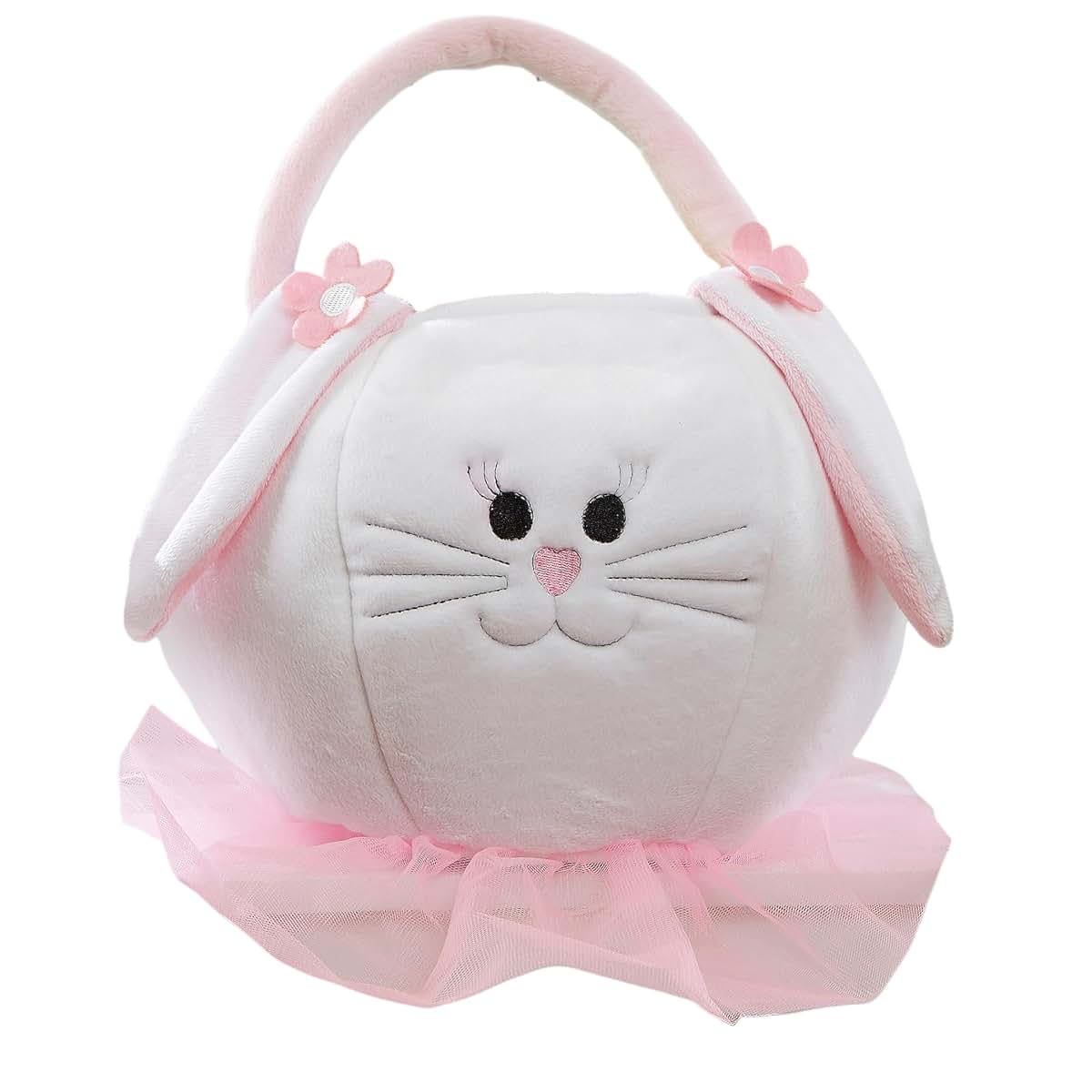 Personalization Universe Embroidered Pink Accented Easter Bunny Basket, Soft Plush Easter Egg Hunt Bag, Children's
