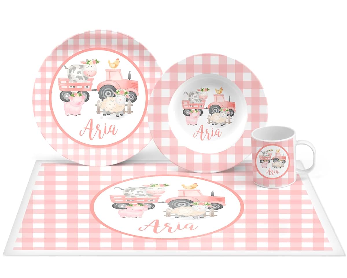 INKtropolis Personalized Pink Watercolor Farm Animals Dinnerware Set