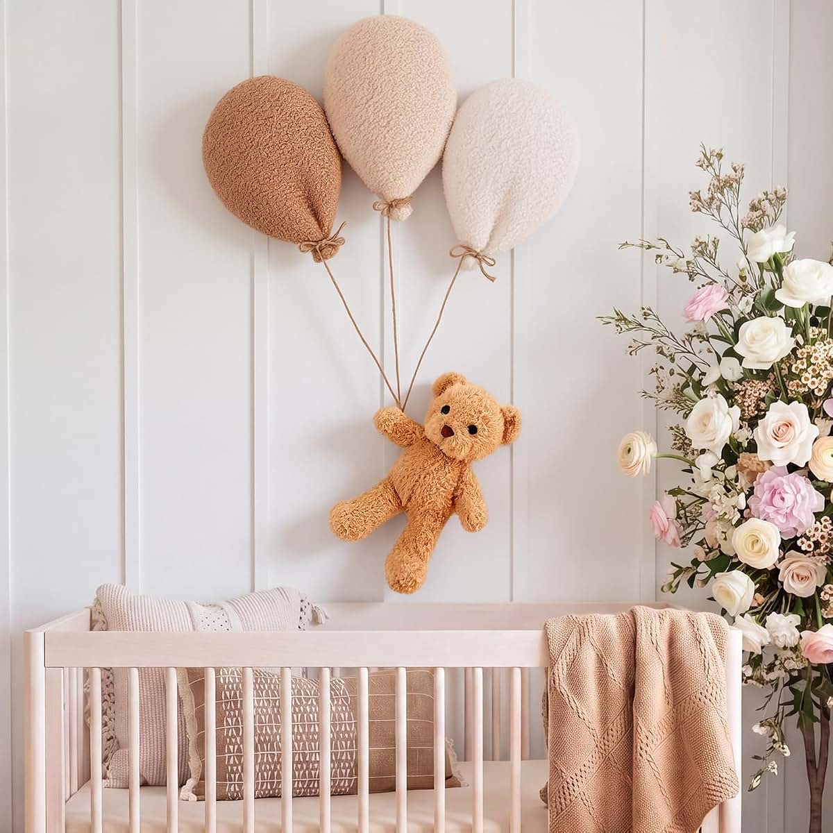 CrystalSylara Teddy Bear Nursery Wall Decor Boho Balloon Nursery Wall Art