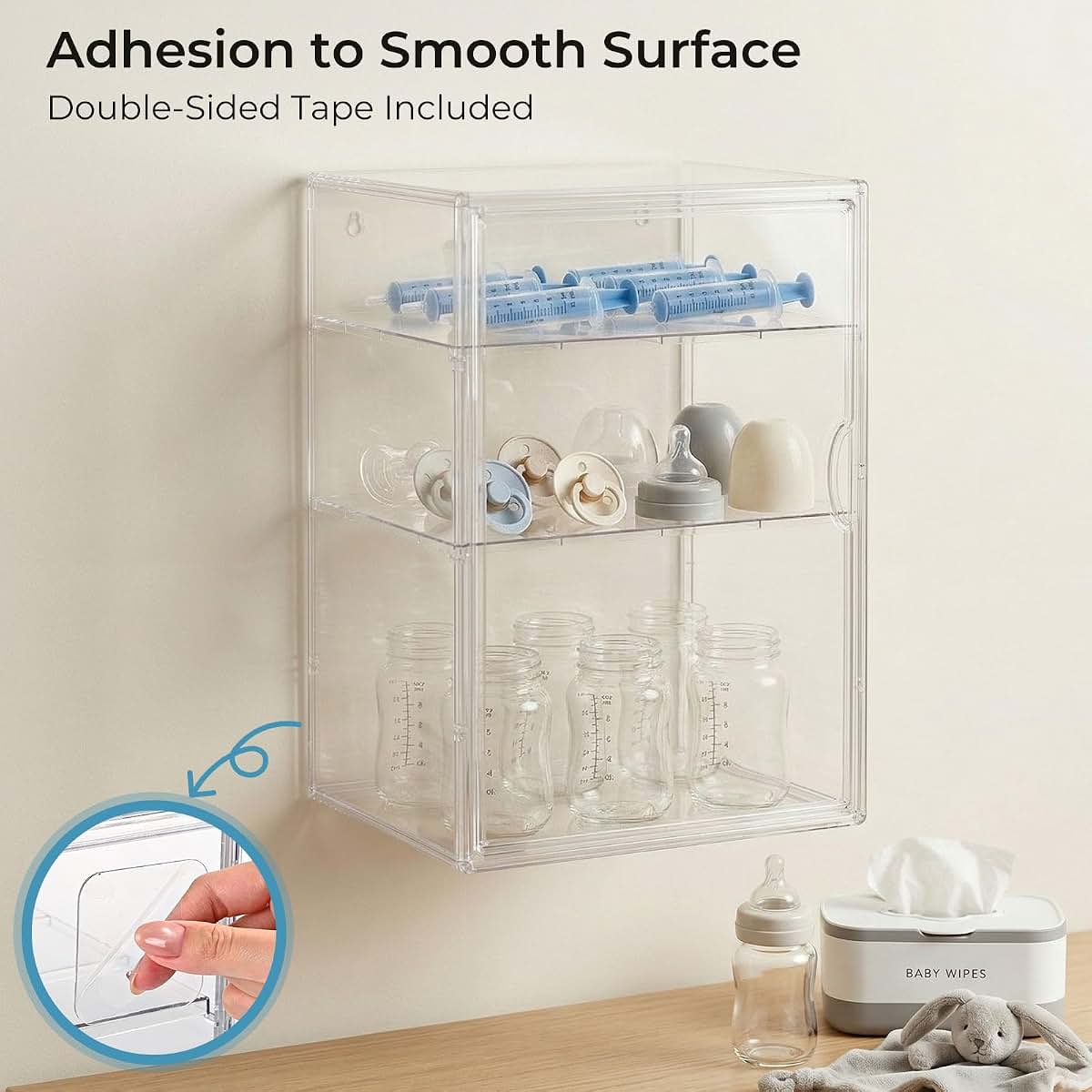 KitHero Baby Bottle Organizer X-Large Adhesive Wall-Mount 3 Tier Adjustable Acrylic Storage
