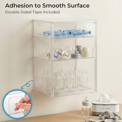 KitHero Baby Bottle Organizer X-Large Adhesive Wall-Mount 3 Tier Adjustable Acrylic Storage