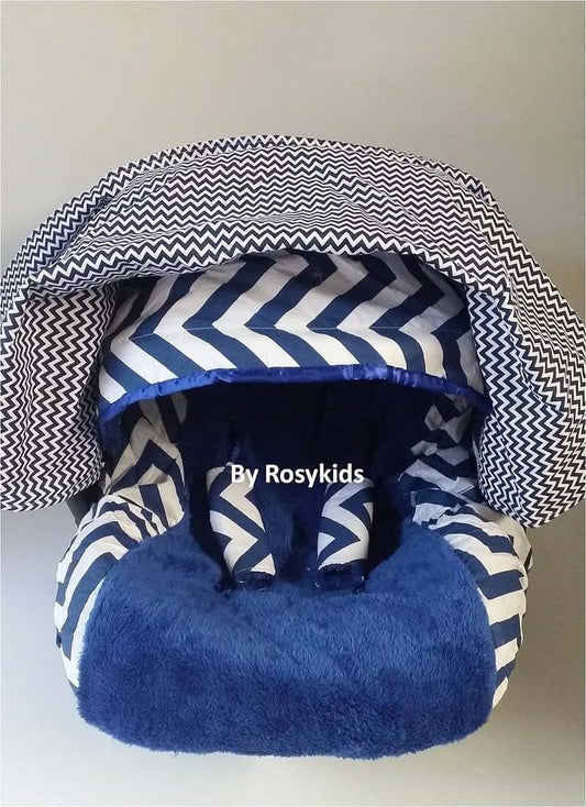 Rosy Kids Infant Car Seat Canopy Cover 4-Piece Kit In Navy Blue Chevron