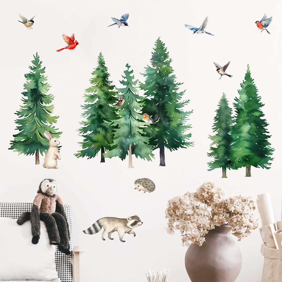 Mfault Watercolor Forest Animals Wall Decals – Woodland Birds Raccoon Hedgehog Nursery Decor