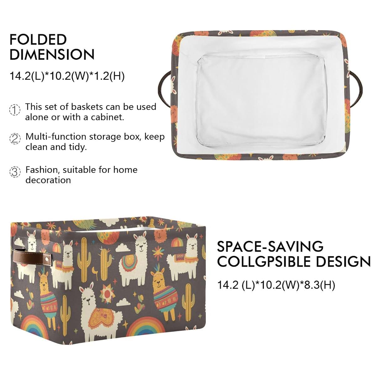 Wusikd Rainbows Cacti Fabric Storage Basket Set, Collapsible Organizer Bins