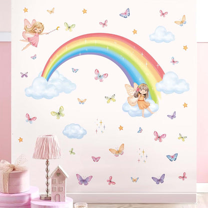 Decalmile Rainbow Fairy Butterfly Clouds Wall Decals Stickers | Peel and Stick Removable Wall Decor, 2 Sheets