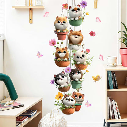 Dechom Cute Cartoon Cat in Hanging Flower Pot Wall Sticker