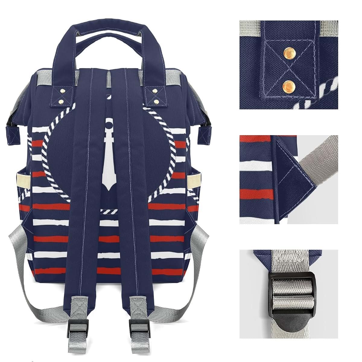 Joyestore Personalized Nautical Striped Navy White Anchor Custom Mom Bag with Name,Dad and Mom Diaper Backpack (photo 4)