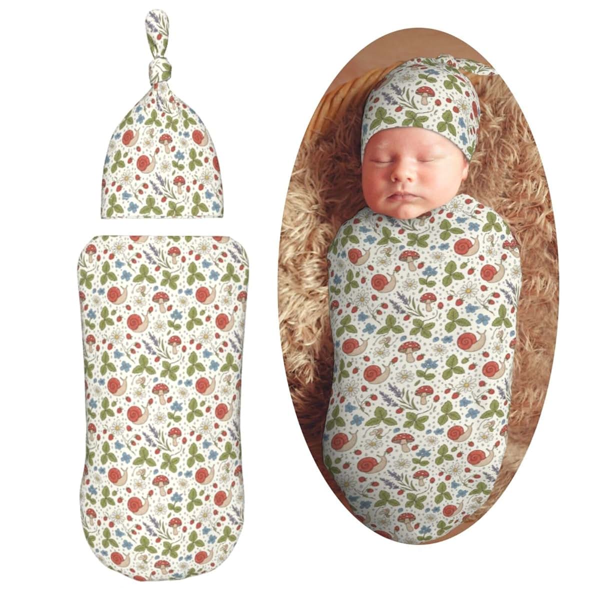Muishi Swaddle Blanket and Hat Set for Newborns | Wild Strawberry Print