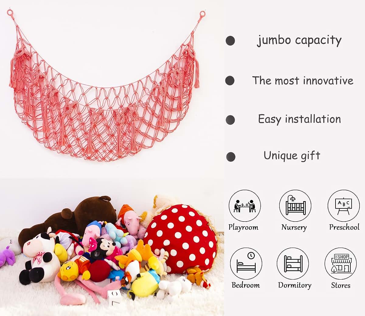Makeonewo Macrame Stuffed Animal Toy Organizer for Nursery and Playroom Wall Storage