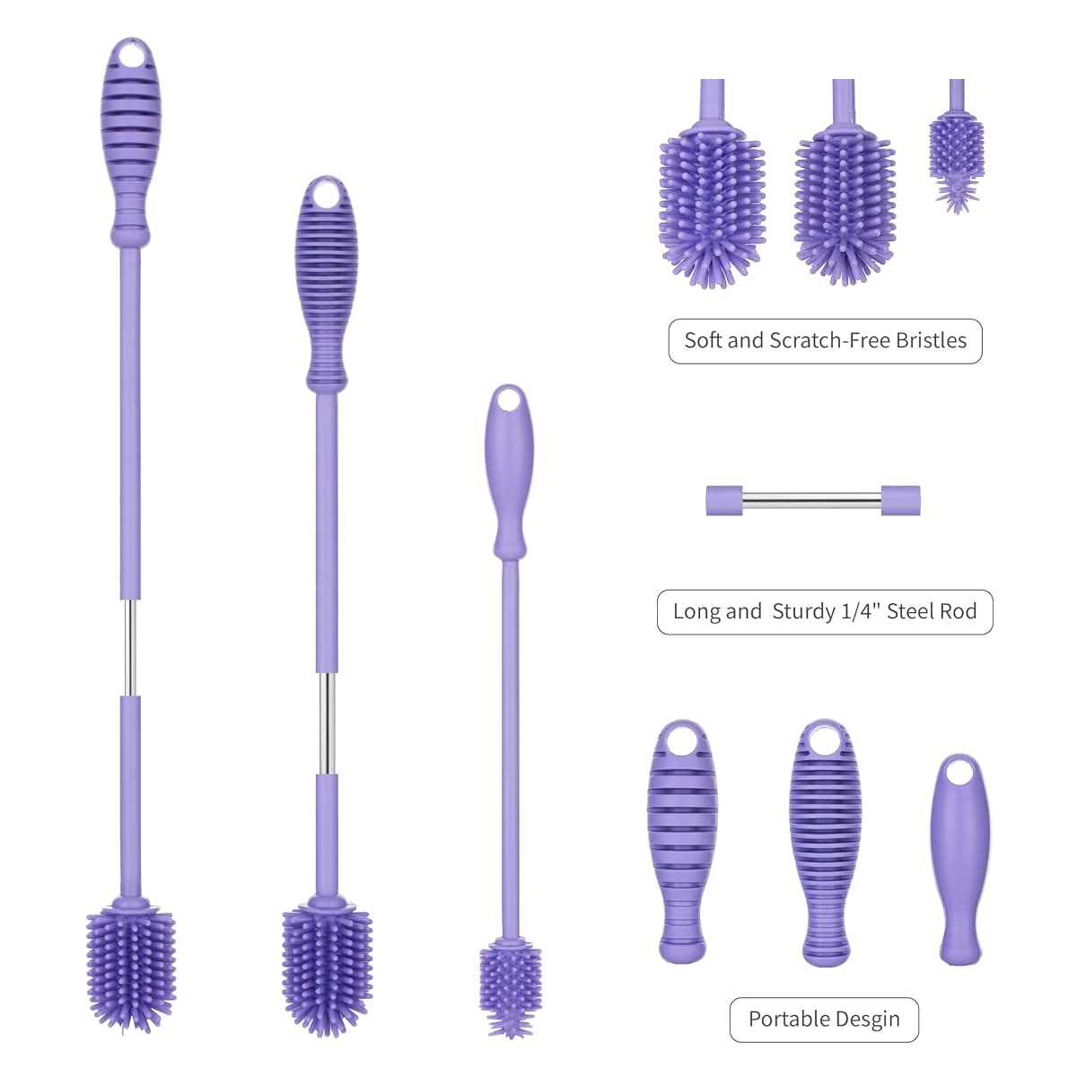 A-Brush Silicone Bottle Cleaner Brush, 3 Piece Set, Long Handle - Water Bottle Cleaner, Baby Bottle Nipple Brush for (photo 3)