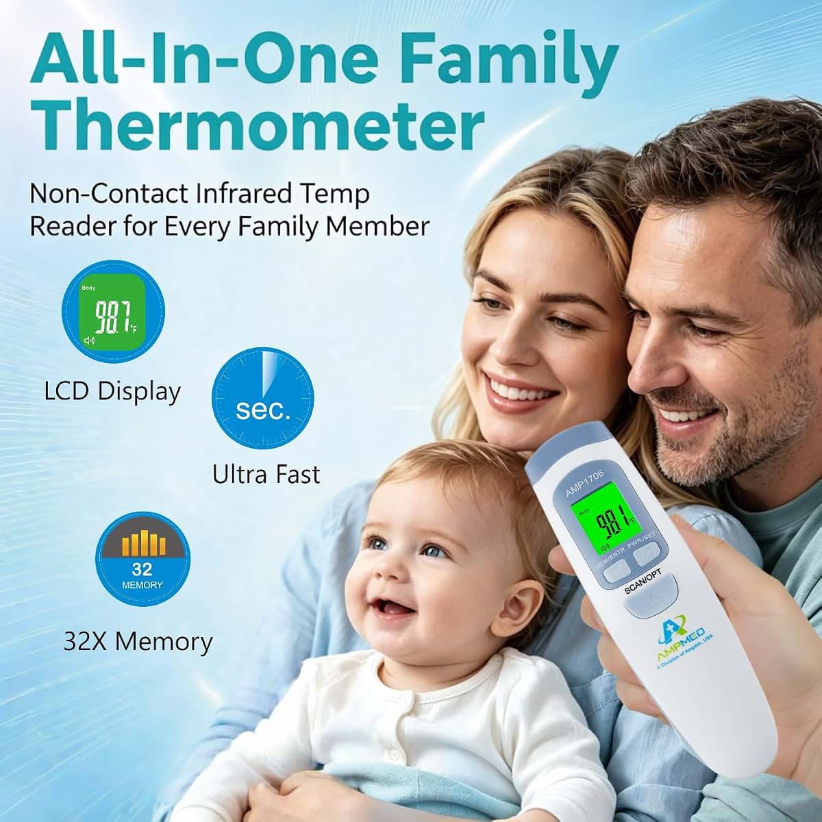 Amplim AmpMed Non-Contact Digital Thermometer for Adults and Kids