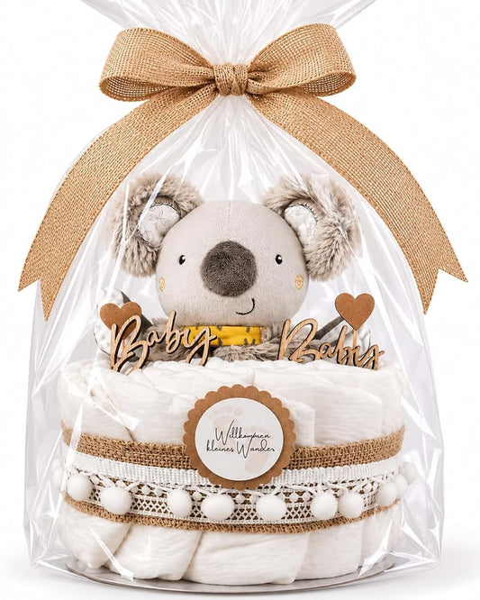 LIDAM Diaper Cake with Koala Lovey | New Baby Gift for Boy or Girl | Boho Vintage Diaper Cake Baby Gift Set| Newborn