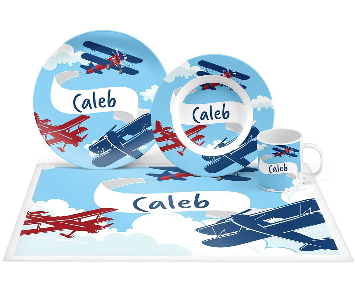 INKtropolis Personalized Airplane Plate Set, Bowl, Placemat, Mug, Mealtime, Dinner, Dinnerware - Choose Your Pieces