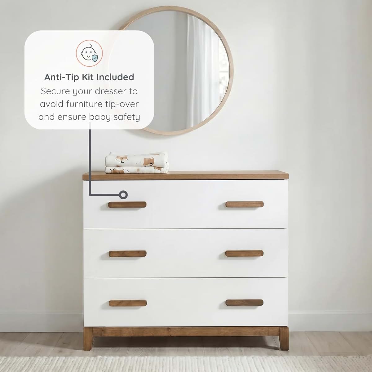 dadada LaLa 3-Drawer Compact Nursery Dresser, Deep Drawers, White/Walnut (photo 4)