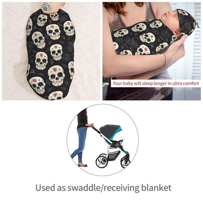 Muishi Sugar Skulls And Black Roses Newborn Swaddle Blanket And Hat Set