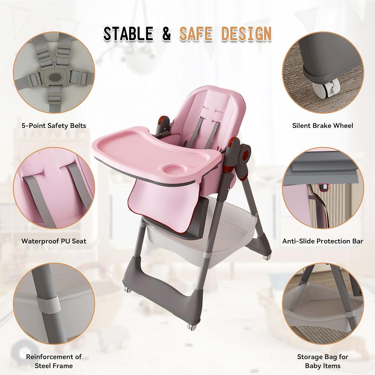 SmartEdge Foldable Baby High Chair with Wheels